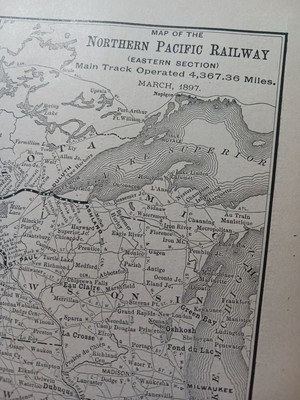 1897 dated Train Route Map NORTHERN PACIFIC RAILWAY Eastern Section Dakota MN WI