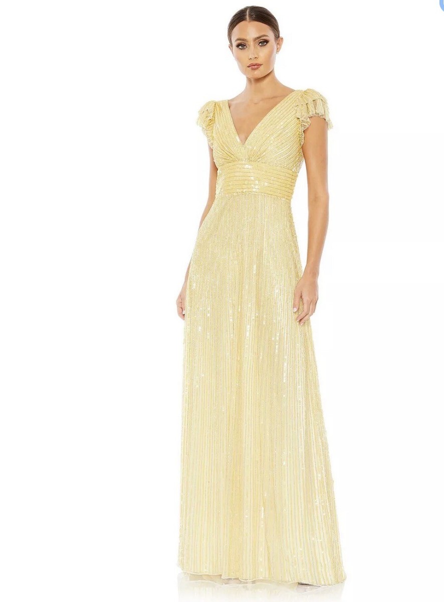 MAC DUGGAL Dress Size 6 Evening Gown Sequin Yellow Flutter