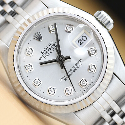 ROLEX LADIES DATEJUST 69174 18K WHITE GOLD STAINLESS STEEL SILVER DIAMOND WATCH
