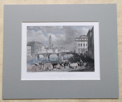 Italien, J.D. Harding, Die Brücke von Santa Trinita, Jas. Redaway, antike Radierung.