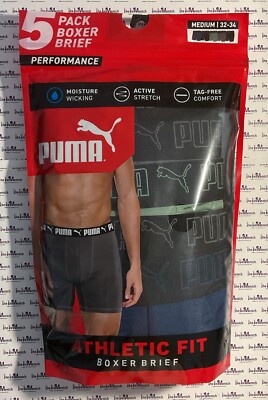 PUMA Mens Boxer Brief Performance Size M (32-34) 5 Pack Green/Blue/Gray NEW