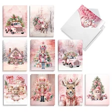 20 Asst'd Christmas Notes Set 4"x5.12" w/ Envelopes (10 Designs) Holiday In Pink