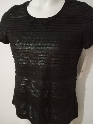NOTATIONS Women's Small Black Shirt Layered Glitter Lace Short Sleeve Pullover