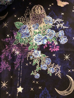 Robert Kaufman Mystic Moon Roses Owls Metallic design 21634 Sold by The Yard