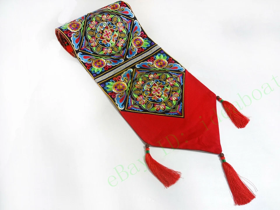 13.7x80" Chinese Hmong Auspicious Floral Blossom Embroidery pattern Table Runner - Image 2 of 4