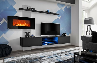Anbauwand Wohnwand Schrankwand Flame E mit Elektrokamin und Push - Click und Led