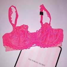 Victoria Secret Bra Unlined Demi Neon Pink Lace 32D Underwire New
