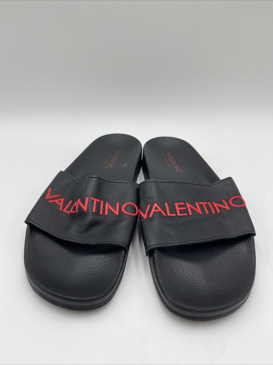 VALENTINO BY MARIO Black/Red Leather Logo Slide Sandals  display picture 2