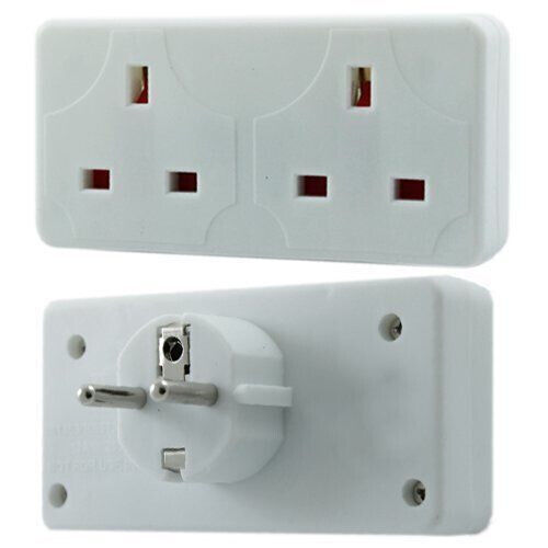 2 Way European Travel Electrical Plug Socket Adaptor Eu 2 pin to Double UK 3 pin - Picture 1 of 1
