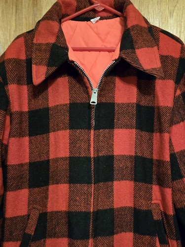 VTG Wool Buffalo Plaid Outdoor Hunting Coat w/Quilted Orange Lining, Preowned - Picture 2 of 9