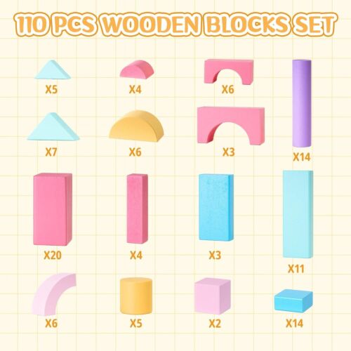 110PCS Wooden Building Blocks Set - Macaron Color Stacking Toy for Kids Ages 3+ - Picture 2 of 7