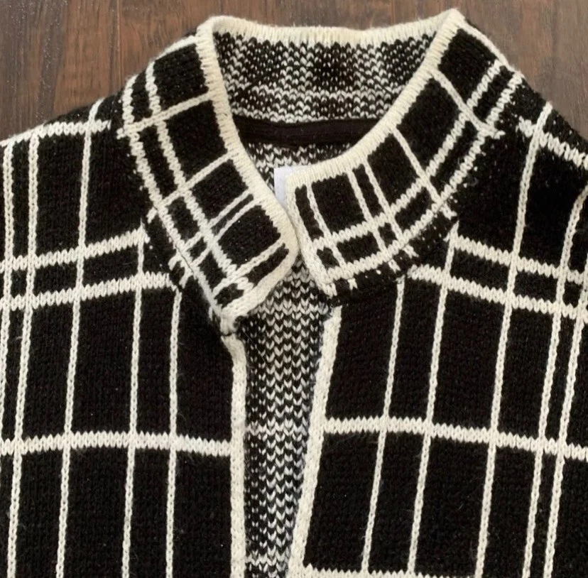 Cárdigan Suéter Largo Blazer Elle Mediano Negro Blanco Diseñador Bolsillos Cuadros Foto 4 de 4