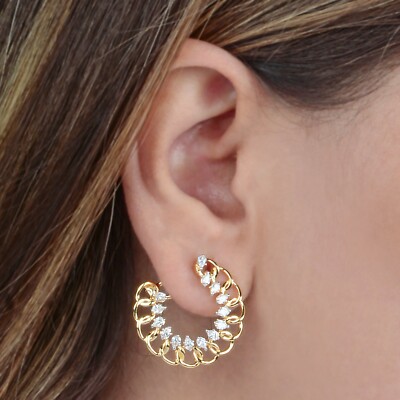 1 35 Ct Real Pear H SI Diamond Half Hoop Earrings 14k Yellow Gold Wedding Gift