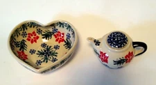 Polish Pottery Boleslawiec Heart Shaped Trinket Dish & Matching Teapot Ornament 