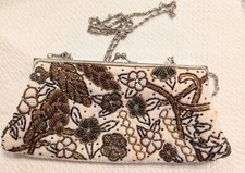 Evening Bag Floral Beaded Kiss Closure White Brown