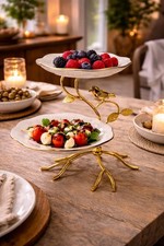 2 Tier Gold Bird Serving Tray Ceramic Dessert Stand Candy Plate 20cm