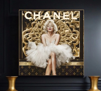 LEINWAND BILD 100x100x5 Marilyn Monroe LV-CHANEL WANDBILD LUXUS MODE GOLD-OPTIK