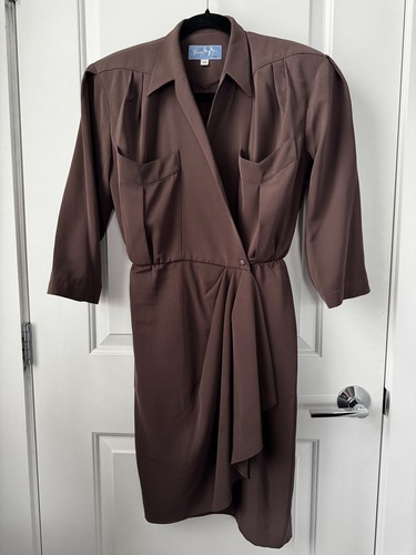 Mugler, Abito midi vintage Thierry Mugler marrone avvolgente dettaglio colletto taglia 36 XS LEGGI*