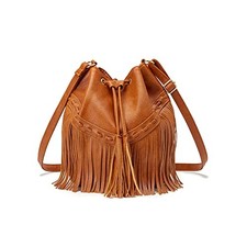Leather Bucket Bags for Women Crossbody Fringe Purses with Drawstring Brown