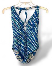 Moontide Women's Geometric Blue And White Patterned Halter Reversible Swimsuit L