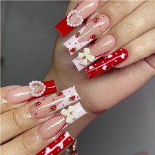 24pc Strawberry Bow Press-on Nails Long Squar...