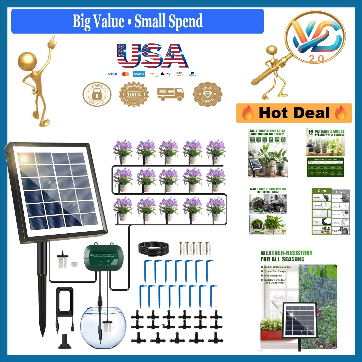 Solar Drip Irrigation Kit 50FT Automatic Watering System Timer for 15 Pots