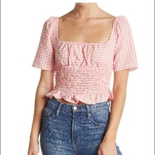 New BCBGeneration Smocked Gingham Top SZ L pink and white