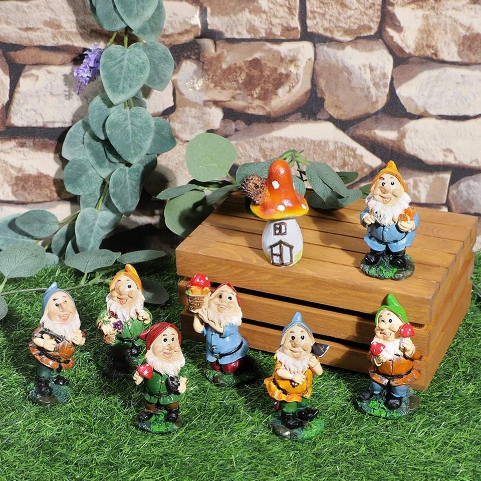 Mini conjunto de jardim de fadas gnomos estátua de sete anões com cogumelos e ferramentas (8 peças) - Imagem 2 de 4