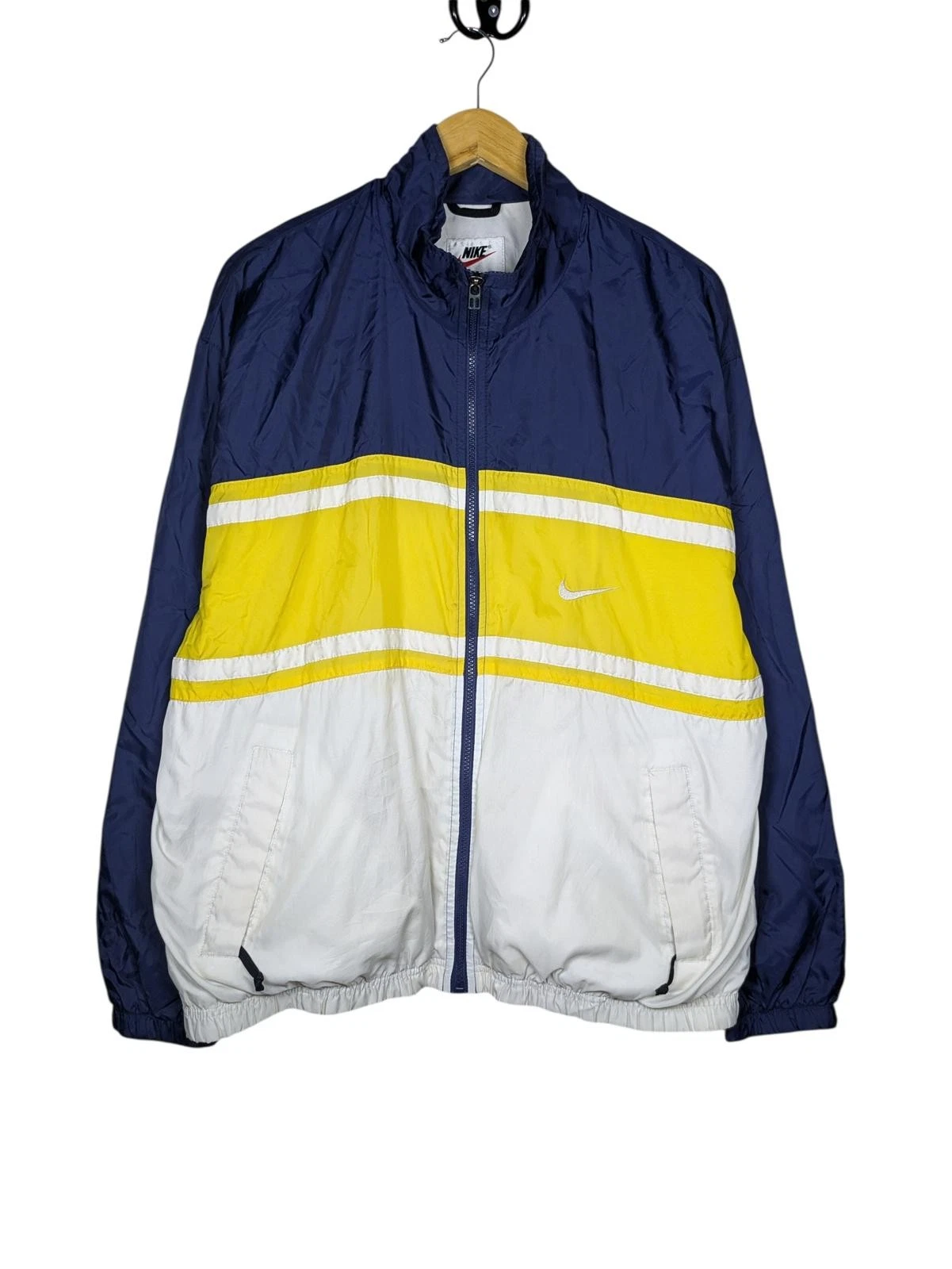 Vintage 90s Nike Windbreaker Track Jacket Large White Navy Yellow Nylon Sporty
