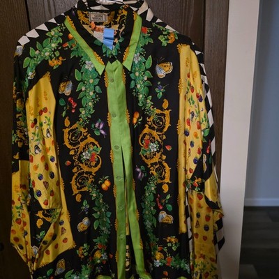 Vintage Gianni Versace Shirt Mens Large Black Gold Baroque Silk Button Up 90s