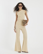 River Island Womens Wide Leg Trousers Beige Textured Elasticated Pants Bottoms