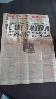 Newspaper,  V-E day declared by London, includes 10 pages,  (80 years old)