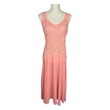 Vintage 90s Delicates Lace Chiffon Long Sheer Nightgown Women's Medium Peach