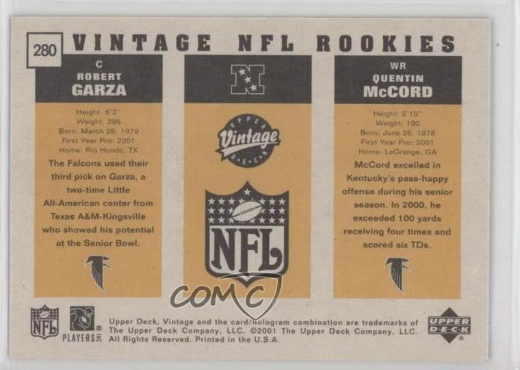 2001 Upper Deck Vintage Quentin McCord Roberto Garza #280 Rookie RC - Image 2 of 2