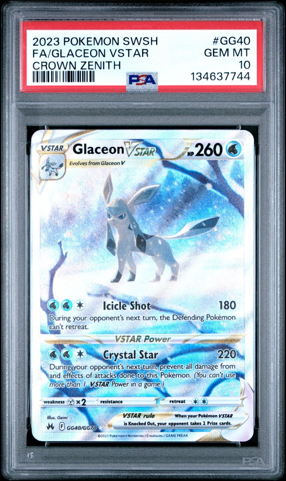 2023 Pokemon SWSH Crown Zenith Full Art Glaceon VSTAR #GG40 PSA 10 GEM MINT