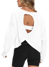 Open Back Workout Tops for Women Loose Fit Athletic Crop Tee Long Sleeve Gym ...