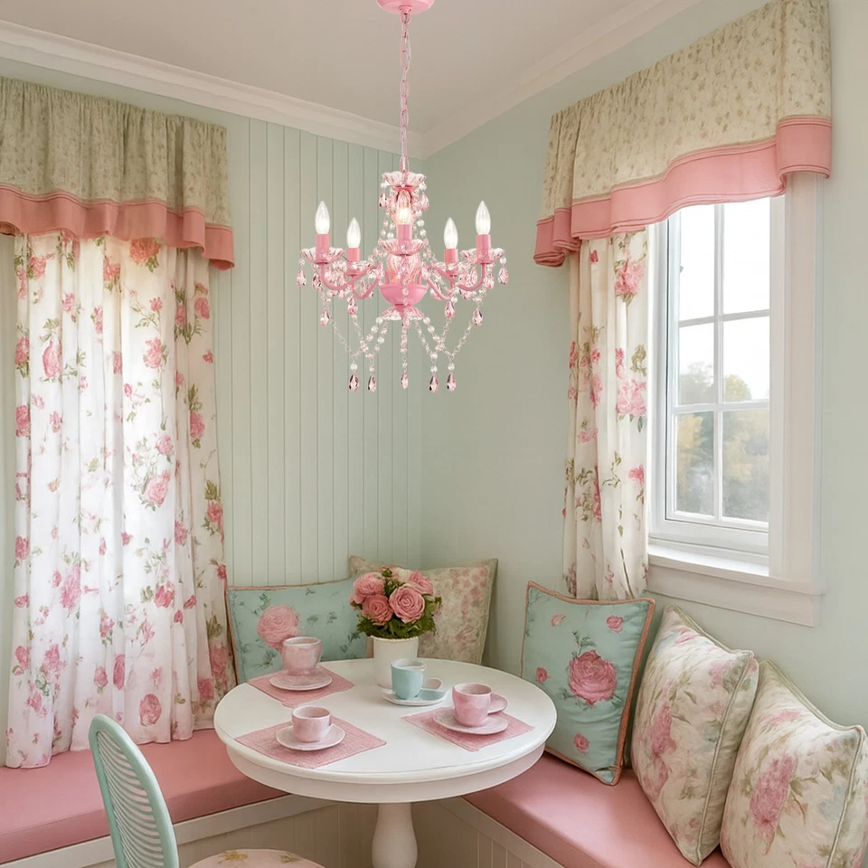 Lámpara de araña de cristal rosa - Accesorio de techo acrílico de 5 luces para dormitorio de niñas Foto 3 de 4