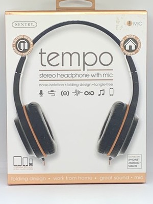 Sentry Tempo Stereo Headphones With Mic Noise-Isolation Folding Design Black & B