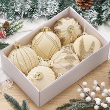 6 Pcs Large Cream White Velvet Christmas Ball Ornaments 4 Inch Flocked Glitte...