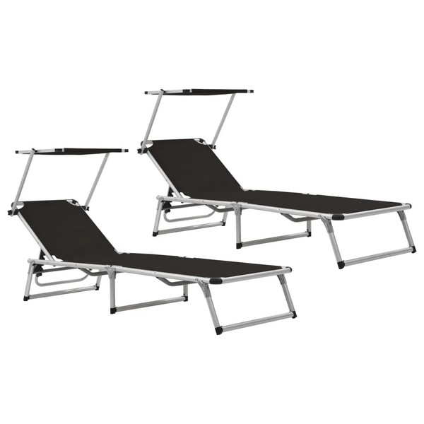 Vidaxl Klappbare Sonnenliegen Mit Dach 2 Stk. Alu Textilene Schwarz Neu-image