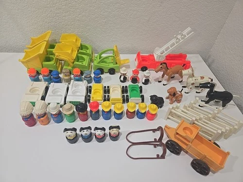 Vintage Fisher Price Little People Cowboys Construction Firetruck Animals Lot