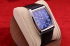 Vintage Men Seiko quartz Barrel-Tank Blue Dial , Black leather Dress Watch