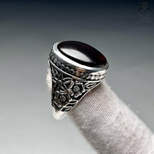 Elegant Black Yemeni Aqeeq Natural Agate Ring Vintage Handmade Design
