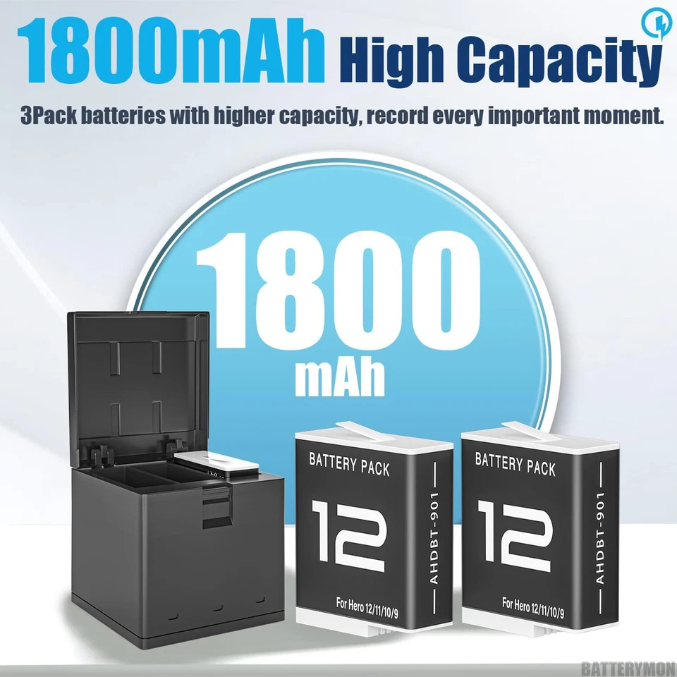 Paquete de 3 baterías y cargadores Hero 12 para cámara Gopro Hero 12 11 10 9 negra Foto 3 de 4