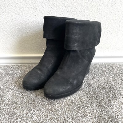 Eileen Fisher Ankle Boots Womens Size 8.5 Black Leather Fold Over Heeled Booties