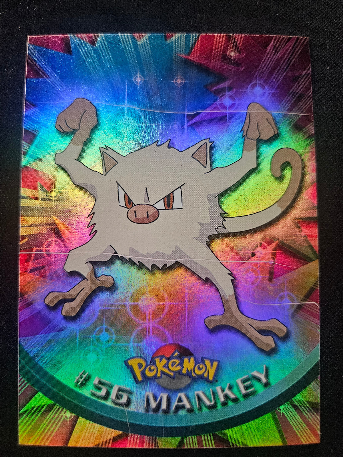 Pokemon Topps - #56 Mankey - Textured Holo - Black Logo 1999 Card Damaged