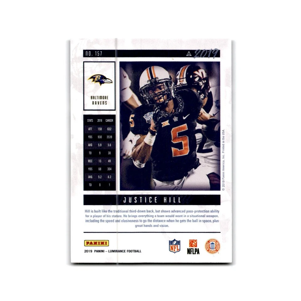 Justice Hill Rookie 2019 Panini Luminance #157 Baltimore Ravens Football Card NM - Image 2 of 3