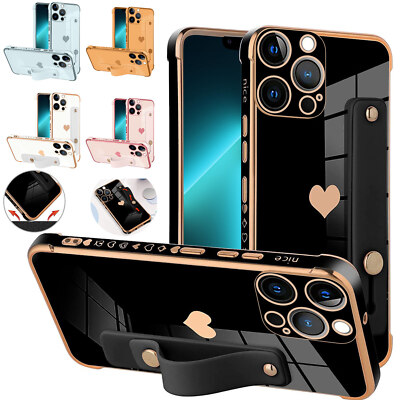 Plating Love Heart Soft Silicone Strap Wrist Case For iPhone 13 12 11 14 Pro Max