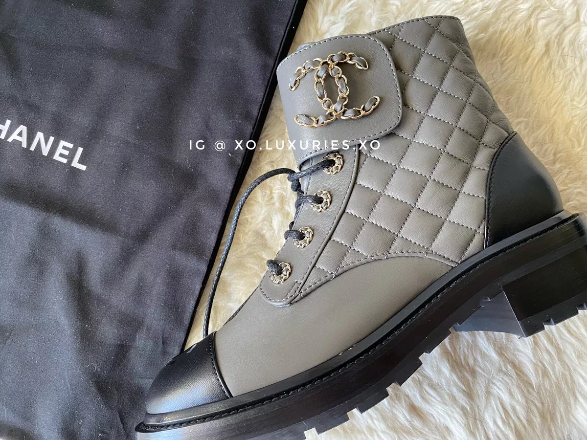 Authentic Chanel w RECEIPT 39 Grey Logo Short Combat Boots Booties Quilted  CC