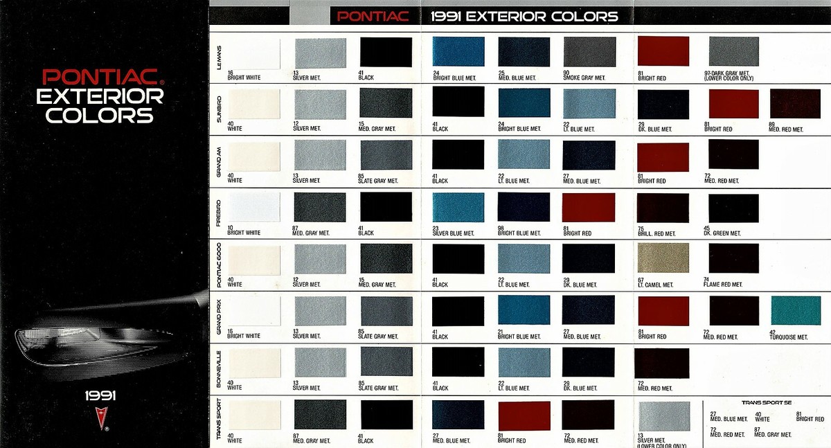 1991 Pontiac Firebird Grand Am Bonneville Factory Colors Brochure